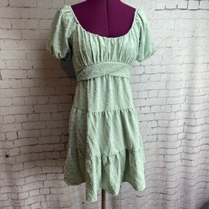 Altar’d state size medium light sage green tiered mini dress puff sleeves